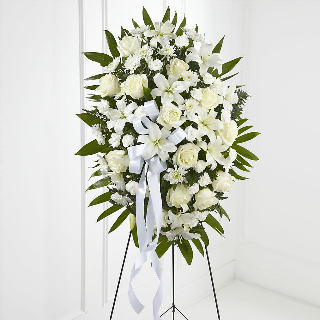 Exquisite Tribute Standing Spray-White Ribbon – Aaa Florists, San Bernardino CA